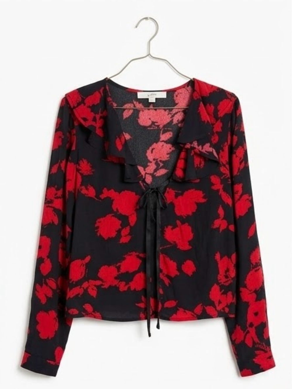 LOFT Black Blouse with Red Floral Tie-Front